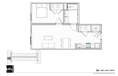 Floor plan for 1 bed, 1 bath, 609 sqft